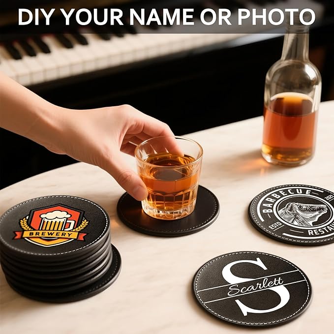 Custom Personalized Leather Coasters - Set of 6 | DIY Name, Photo, or Logo Coasters for Coffee Table, Bar, Beer, Wine | Ideal Housewarming Gift, Blue