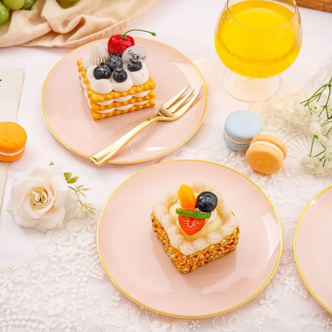 Festiva 400Pcs Pink Gold Dessert Plates 6.3" with Forks 5"- 200PCS Small Disposable Dessert/Cake/Appetizer Plates and 200PCS Forks - Serve 200 Guests for Birthday Party& Wedding &Valentine's Day