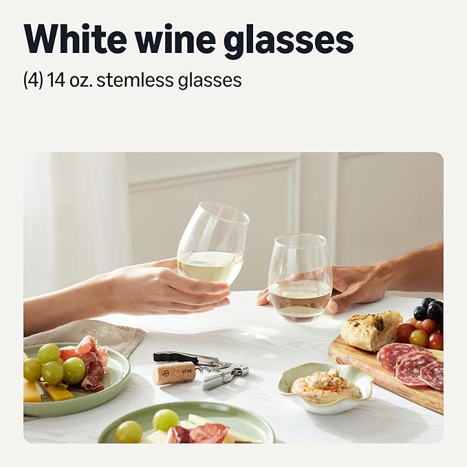 Amazon Basics Stemless White Wine Glasses, 4-Piece Set, 14 oz., Dishwasher-Safe