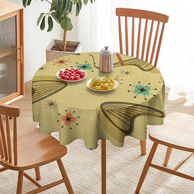 Mid Century Round Tablecloth, Retro Abstract Atomic Boho Geometric Art Printed Tablecloth for Home Party Dining Room Kitchen Decor 60Inch(152cm)
