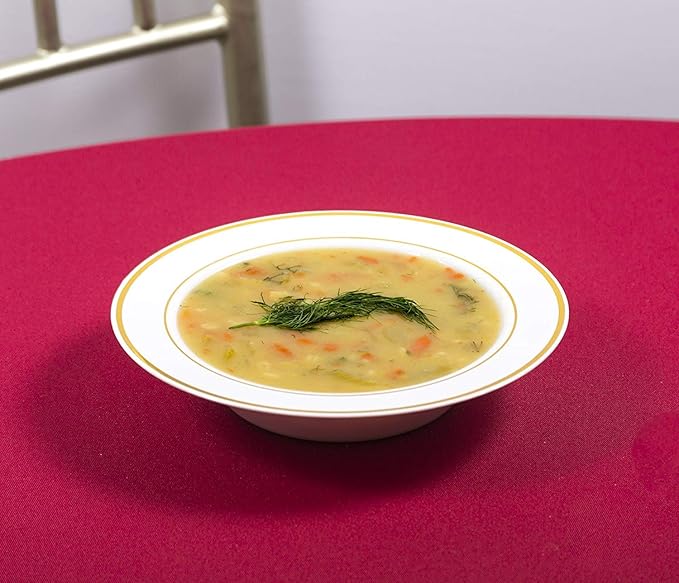 100 Disposable White Gold Trim Plastic Soup Bowls | 14 oz. Premium Heavy Duty Disposable Dinnerware with Real China Design | Safe & Reusable and Great for Parties or Weddings. (50-Pack) Gold
