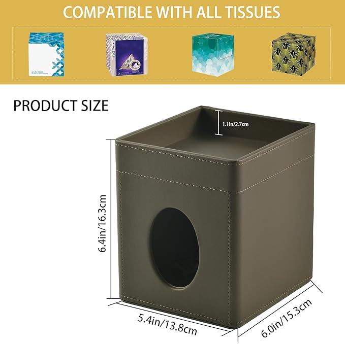 Tissue Box Cover Square Tissue Box Holder PU Leather Facial Tissues Organizer with Storage Tray for Bathroom Vanity Bedroom Office Car,Stylish Napkin Caddy Decorative Organizer (Olive-Green)