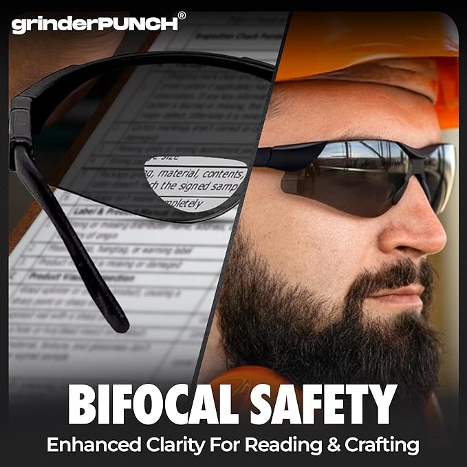 grinderPUNCH Bifocal Safety Sunglasses Sun Reading Glasses ANSI Z87 Impact Resistant Magnifier Sun Readers for Work Men Women