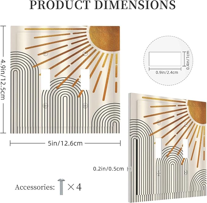 Decorative Light Switch Cover Mid Century Boho Sun Beige Minimalist Abstract 2 Gang Wall Plate Double Toggle Switch Plate Receptacle Electrical Outlet Cover Switchplate for Bathroom Bedroom（2 Pack）