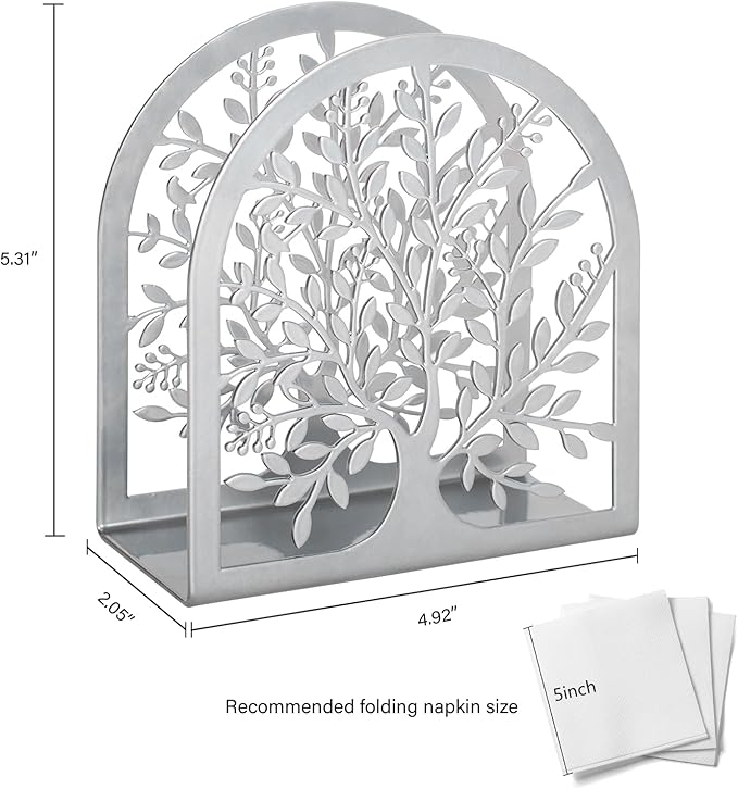 Napkin Holder for Tables, Tree of Life Design Modern Metal Napkin Holder for Home Kitchen & Picnic Party, Silver Grey