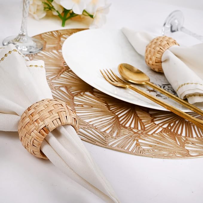 ALPHA Living HOME Farmhouse Napkin Rings - Rustic Natural Cane & Jute Serviette Holders for Elegant Table Decor, Weddings, Thanksgiving, and Everyday Dining- Set of 12 (Natural)