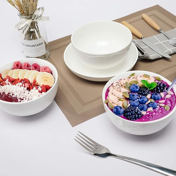 amhomel 6-Pack 24 Ounce Cereal Bowls with Embossed Texture, Porcelain Deep Ceramic Bowls, Dishwasher & Microwave Safe