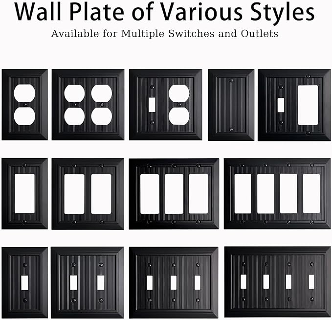 Beadboard Outlet Covers Wall Plates, Bamboo Fiber Light Switch Covers, Natural Material Electric Receptacle Decorative Switch Plate Outlet Cover Matte Black (1 Gang Decorator 4 Pack)