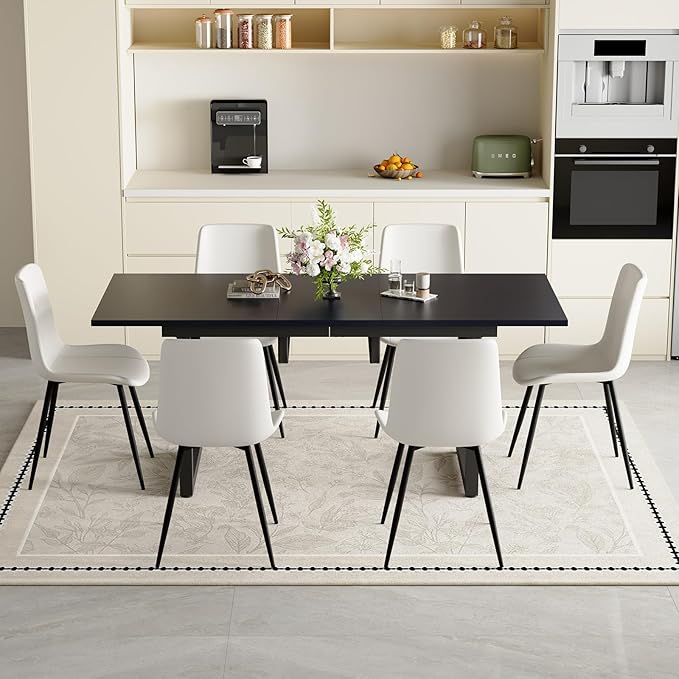 Extendable Dining Table Set for 6, 55"–71" Modern Black Kitchen Table with 6 Upholstered Chairs, Space-Saving for Living Room Apartment, Sturdy & Comfortable, Easy Assembly