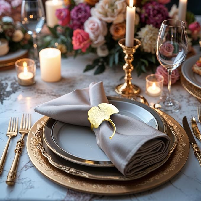 Decozen Set of 16 Gold Napkin Rings in Leaf Design, Festive, Table Decor Setting for Holiday, Wedding, Birthday, Kitchen, Home Decor, Housewarming Gift - Mothers Day Decorations