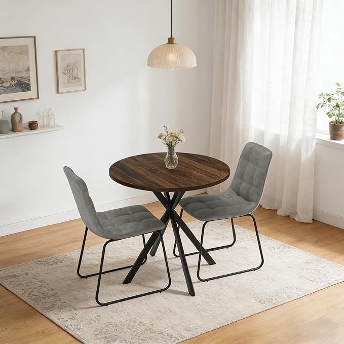 31.5" Round Dining Table Chairs Set for 2, Small Dining Table Chairs Set Space-Saving, Small Dinette Sets for 2 for Kitchen Dining Room Apartment(Walnut Table + Gray Chairs)