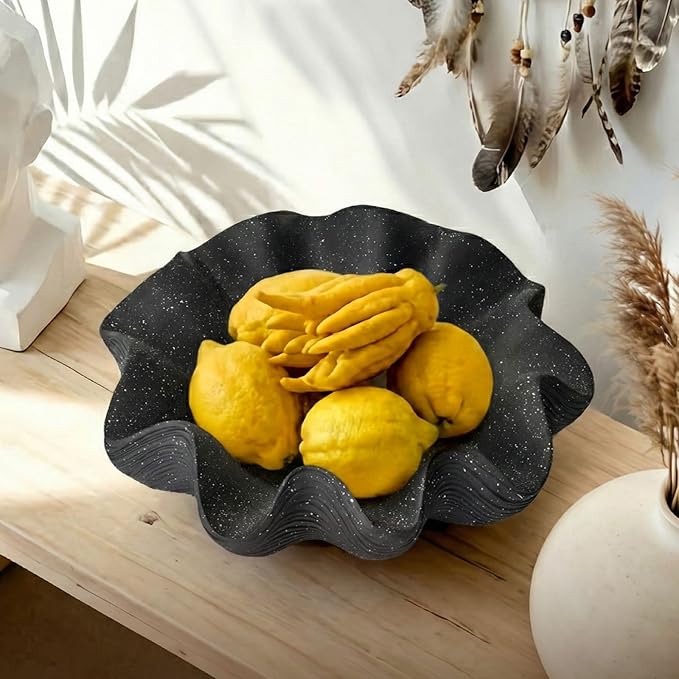 Scalloped Decorative Bowl Home Decor - 12.6" Modern Handicraft Large Shell Ruffle Decorative Fruit Bowl for Kitchen Counter, Chic Key Tray for Entryway Table, Starry Black