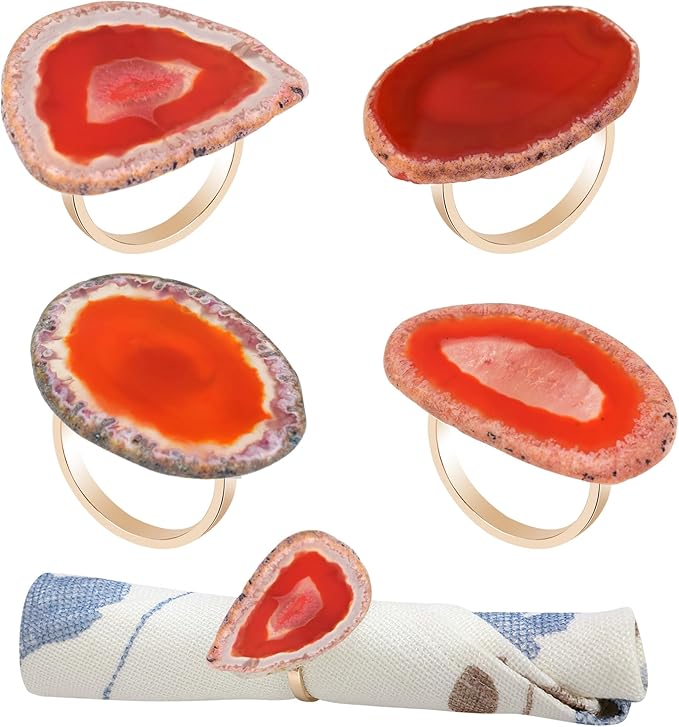 CozyTower Agate Napkin Rings Set of 4, Gold Napkin Holders for Cloth Napkins, Unique Wedding Decorations Napkin Ring Kitchen Accessories for Dinner Party (Red Agate)