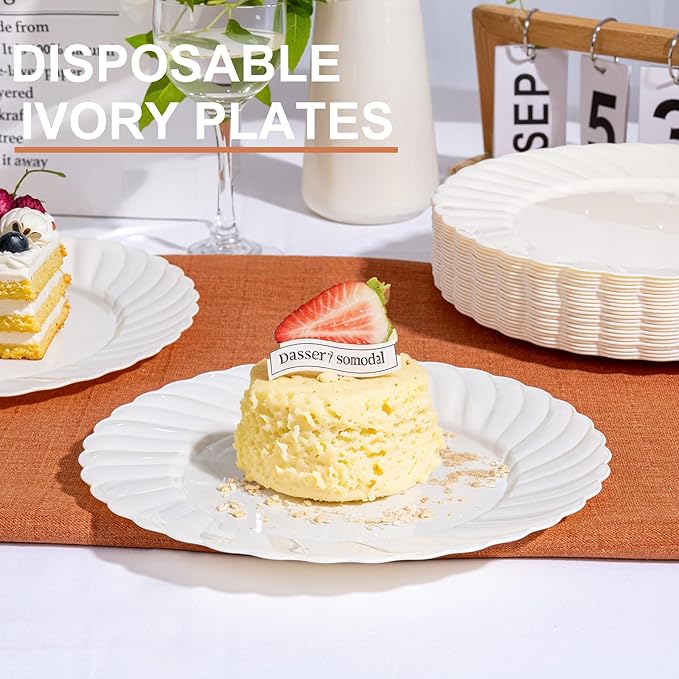 U-QE 100 Count 6 Inch Ivory Plastic Plates - Scalloped Dessert Plates Disposable - Premium Fancy Disposable Heavy Duty Party Supplies for Valentine's Day, Celebrations, Weddings and Events