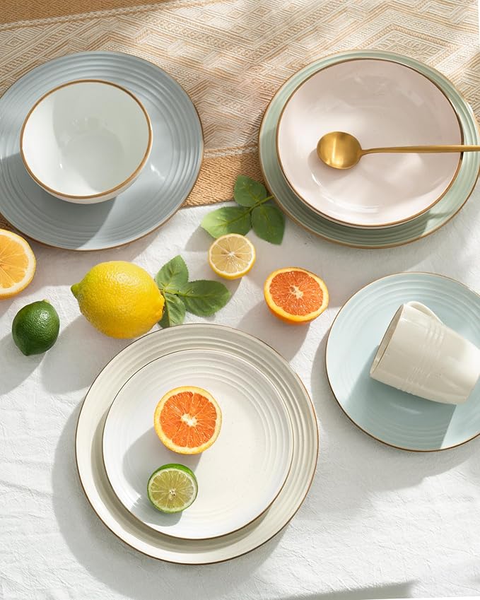 Famiware Jupiter Dinnerware Set, Plates and Bowls Dish Sets for 8 (24 Pieces), Microwave and Dishwasher Safe Stoneware Speckled Tableware, Chip and Scratch Resistant, Multi-color