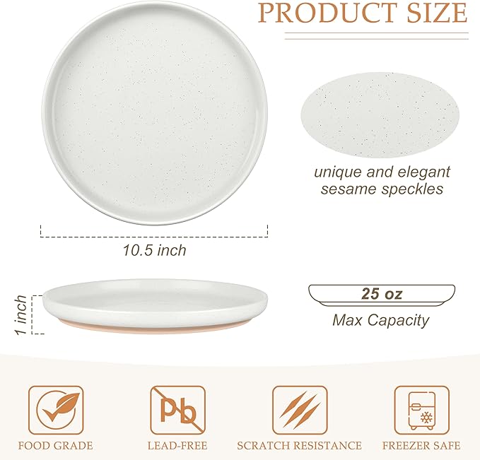 LIANYU Stoneware Dinner Plates Set of 6, 10.5 Inch Large Ceramic Salad Plates for Kitchen, Porcelain Round Serving Dishes Set, Oven, Microwave & Dishwasher Safe, Scratch Resistant, Snowy White