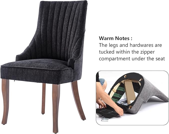 mikibama Linen Dining Chairs Set of 2 Channel Tufted Kitchen Dinner Chair Comfy Fabric Upholstered Accent Chair for Dining Room with Solid Wood Legs (Black)