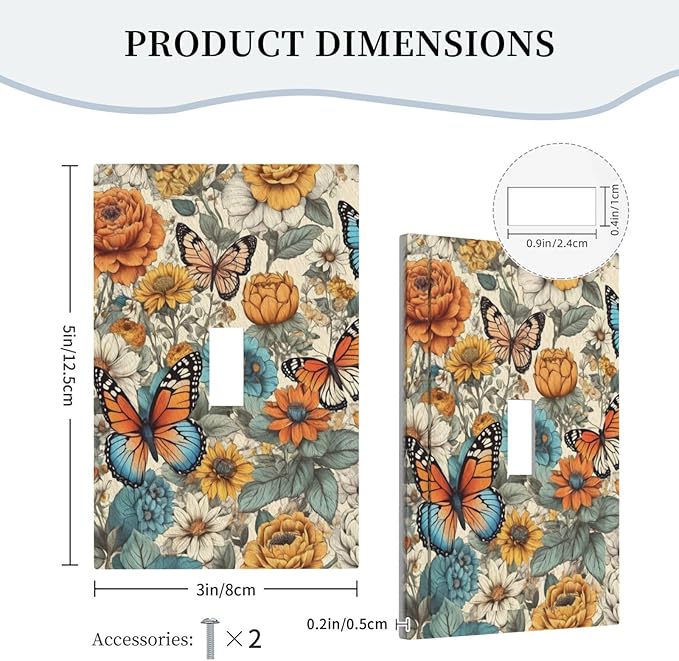 Decorative Light Switch Cover Vintage Colorful Floral Butterfly Flowers 1 Gang Wall Plate Cover Single Toggle Outlet Covers Switchplate Electrical Faceplate for Bathroom Bedroom Decor（2 Pack）
