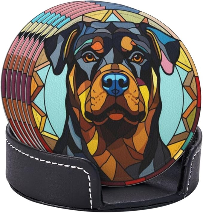 Drink Coaster Set of 6, Rottweiler Dog Mom Lover Gift,Leather Drink Coasters with Holder,6 Pack Cup/Bar/Drink Coasters for Table/Drinks/Coffee Protection Housewarming Gift