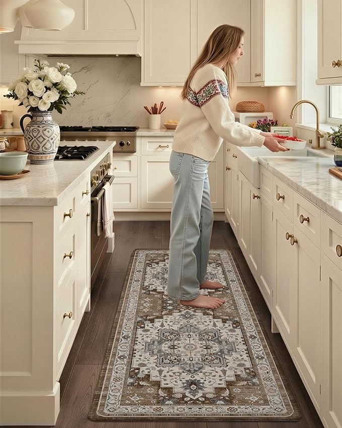 Color&Geometry Anti Fatigue Kitchen Mats for Floor 24x59, Vintage Decor, Easy Clean, Waterproof & Oil Proof, 0.4" Thick Cushioned, Non-Slip Kitchen Runner Rug for Sink, Laundry, Office, Brown