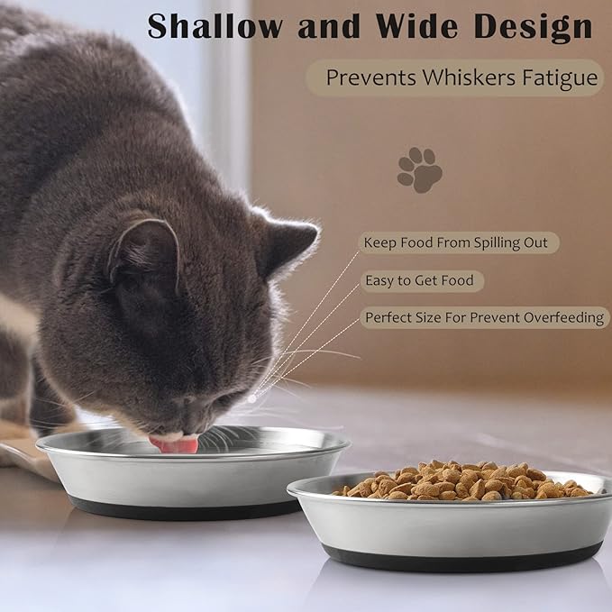 Stainless Steel Cat Bowls,Whisker Friendly Shallow Cat Dishes for Food and Water,Non-Slip Silicone Bottom,Heavy Duty,Replacement Kitten Metal Plate for Elevated Stands,2 Pack