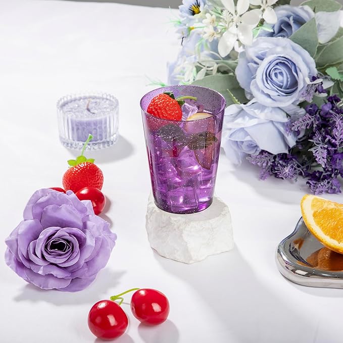 DaYammi 100 Pack 10 oz Purple Plastic Cups- Disposable Cups Tumblers, Elegant Purple Glitter Party Drinking Cup Perfect for Wedding Purple cups Perfect for Valentine's Day Party