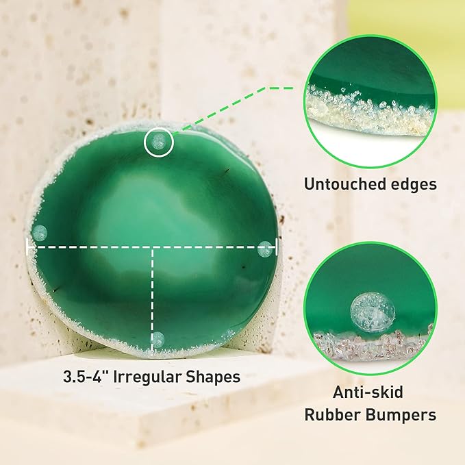 Agate Drink Coasters Set of 4, Natural Stone Coaster for Coffee Table 3.5-4" Geode Gemstone Coasters Decor, Unique Gift for Women Men Housewarming Birthday Wedding Anniversary (Green)