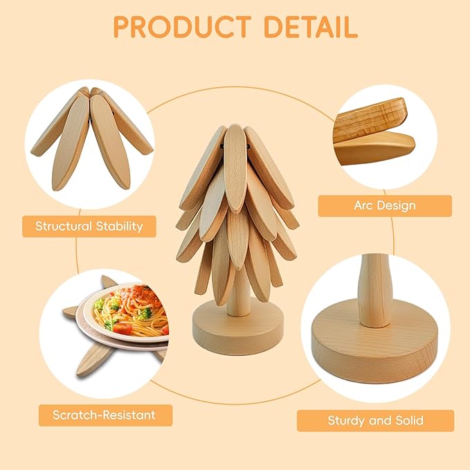 Wooden Trivets for Hot Dishes, Wooden Tree Trivet Set, Natural Tree Trivet Set - Foldable Coasters for Kitchen Counter, Hot Pots and Pans, Heat Resistant Table Protectors