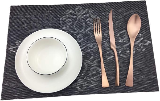 Gugrida Luxury Black Placemats Set of 6 Crossweave Woven Vinyl Placemat for Dining Table Heat Resistant Non-Slip Kitchen Table Mats Easy to Clean