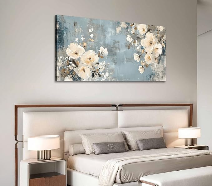 ADJUVANT Wall Art Vintage Floral 48" L x 24" W, Creamy Flowers On Distressed Blue Background Canvas Painting Blossoms Artwork Prints Floral Wall Decor for Living Room Bedroom Dining Room Home Office