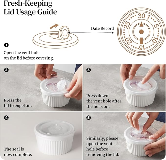 DOWAN Ramekins 8 oz Oven Safe with Lids, Creme Brulee Ramekins Bowls, Porcelain Ramiken Souffle Dishes, Custard Cups for Baking, Small Bowls for Pudding Dip Sauces Charcuterie Dessert, Soft White, Set of 6
