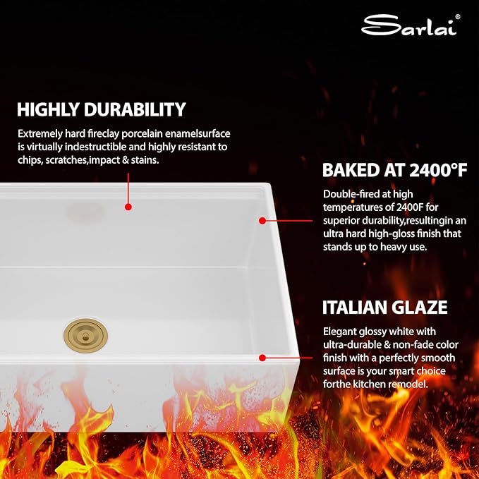 Sarlai White Farmhouse Sink - 33 Inch Farm Kitchen Sink Undermount Workstation Apron Front Reversible Ceramic Fireclay Single Bowl Farmer Sinks Basin 33 x 20 Inch With Gold Accessories