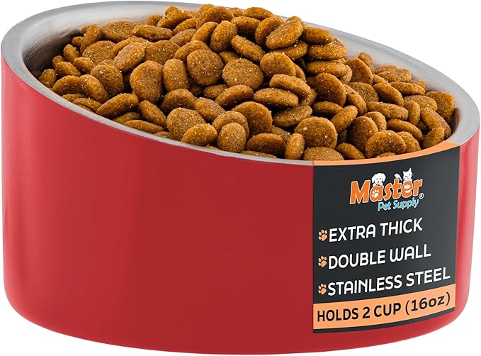 Master Pet Supply Stainless Steel Slanted Dog Cat Food Bowl - 16 oz Heavy Duty - Crimson Flame, Double Wall Insulated, Non-Slip Elevated Bowl for French Bulldogs Pugs Cats, Anti Rust Dishwasher Safe