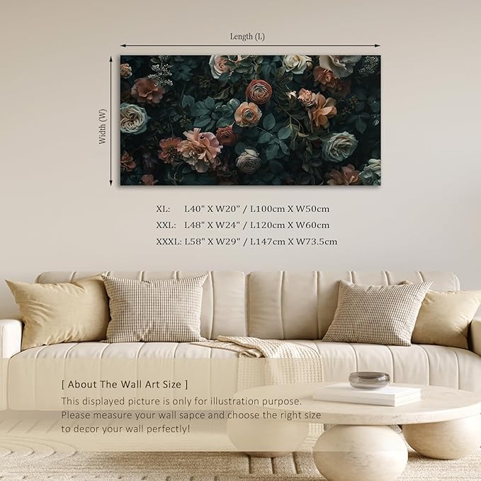 ADJUVANT Wall Art Floral 48"L x 24"W, Dark Hued Vintage Flowers With Lush Foliage Canvas Painting Elegant Blooms Artwork Retro Garden Prints Floral Wall Decor for Living Room Bedroom Study Home Office
