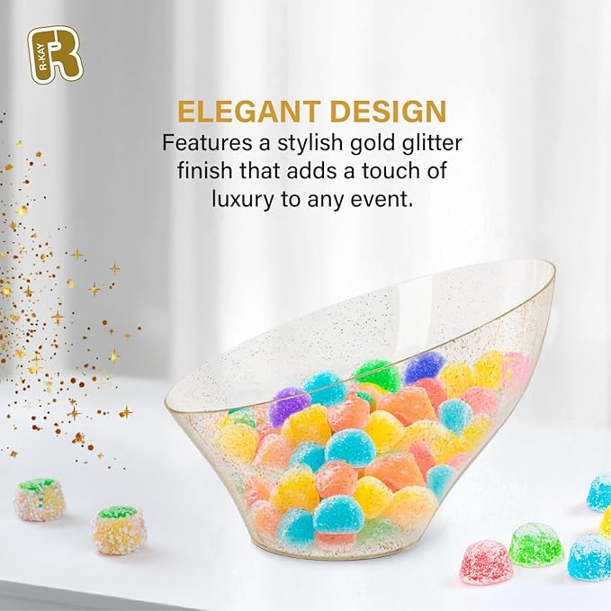 R-kay 6 Pack Angled Candy Bowls - Clear Plastic bowls - Premium Plastic Serving Bowls Heavy Duty For Weddings Catering, parties, And All Occasions (Gold Glitter, Small)
