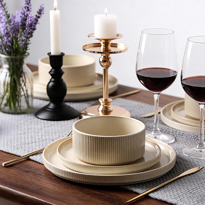 Stoneware Dinnerware Sets, Plates and Bowls Set for 4, 12-Piece Ribbed Dishes – Chip & Scratch Resistant, Microwave and Dishwasher Safe Tableware, Warm Off-White