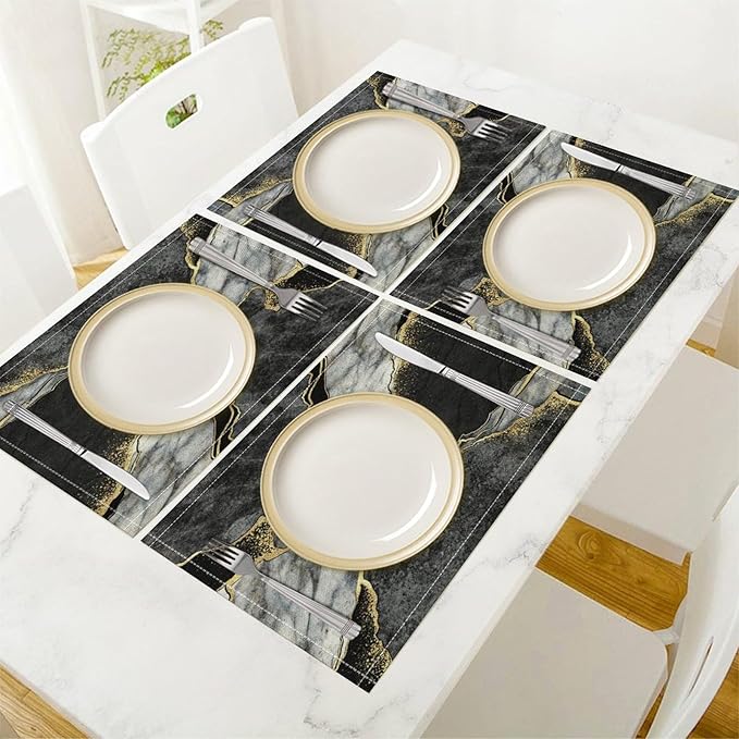 Marble Linen Placemats Set of 4, Modern Abstract Foil Texture Grey Black Marble 12x17 Inch Washable Table Mats Non Slip Placemats for Wedding Party Kitchen Banquets Dining Decoration