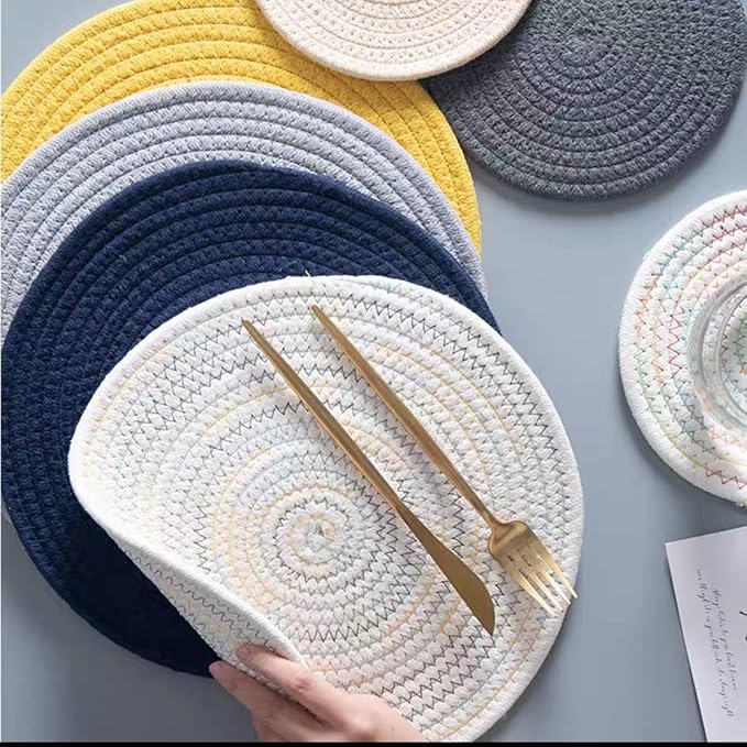 6 Pack Cotton Woven Placemats, 13.8 inches Round Plate Chargers Grey Thick Placemat Set Cotton Rope Braided Tablemats Rattan Tablemats Rustic Weave Placemats for Dining Table