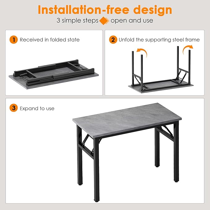 Need 31.5 Inch Folding Desk for Small Spaces, Home Office Computer Desk with Grey Wood Top & Black Frame, Foldable Writing Table for Study, Bedroom, Dorm Room & Student