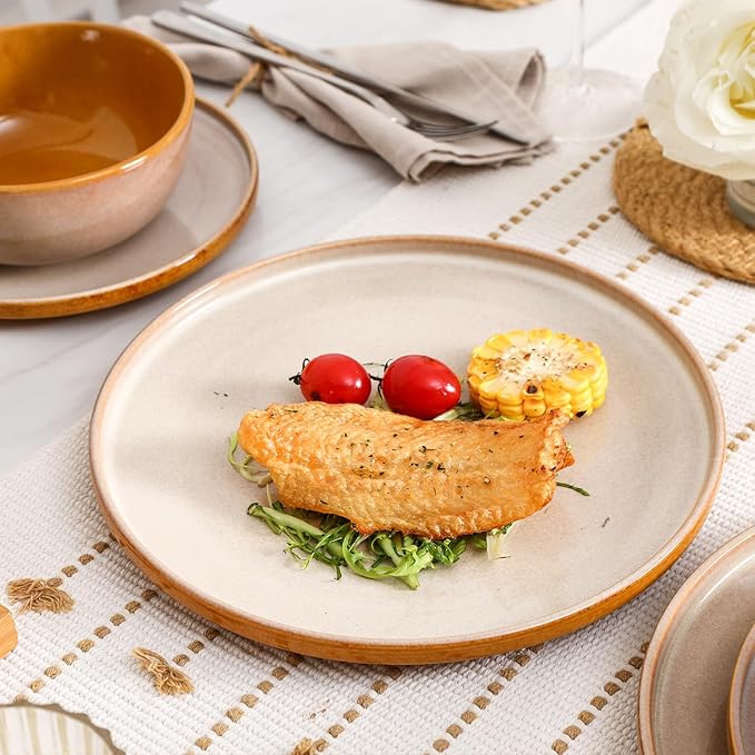 vicrays Ceramic Salad Plates Set - Porcelain 8 Inch Flat Dessert Appetizer Plate for Lunch Home Party Restaurant - Scratch Resistant Microwave Oven and Dishwasher Safe - Set of 6 (Beige)