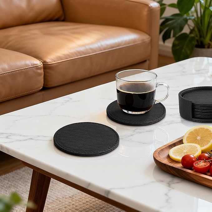 6 Pcs Premium Leather Coasters with Holder, Tabletop Protection, Coffee Table & Bar Decoration, Modern-Style Drink Coasters Suitable for Home Dining Tables & Kitchen Accessories (Black Stripe)