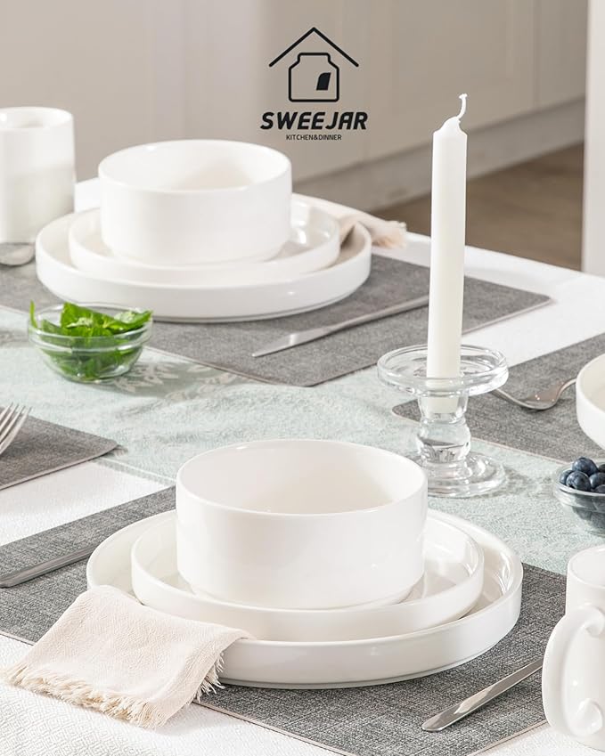 Sweejar Porcelain Dinnerware Sets for 6, 18 Pieces Ceramic Plates and Bowls Set, Classic Modern Simple Kitchen Dinner Dining Ware Set, Dishwasher and Microwave Safe Dishes Sets(Pure White)