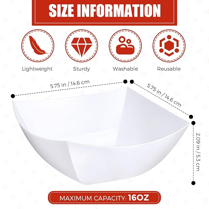 Sliner 100 Pcs Square Plastic Bowls Plastic Serving Bowls Disposable Chip Containers for Parties Snack Fruit Candy Containers for Candy Buffet Salad Bar Buffet Party Supplies (White,16 oz)