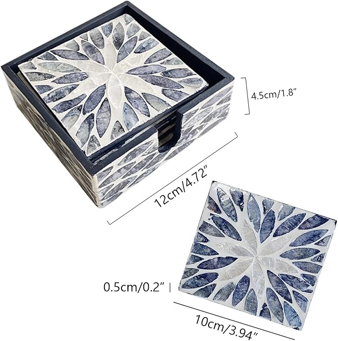 I-lan 6 Pack Mother of Pearl Square Decorative Coaster Set with Holder, Dark Grey Seashell Inlay Square Cup Holder with Shine, Decorative Coasters Capiz Shell Trivet for Coffee Table, 4 Inch