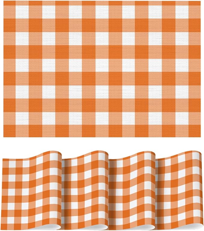 Artoid Mode Buffalo Plaid Vinyl Placemats Set of 4, 12x18 Inch Washable Non-Slip Heat Resistant Plastic Place Mats for Party Dining Table, Orange/White