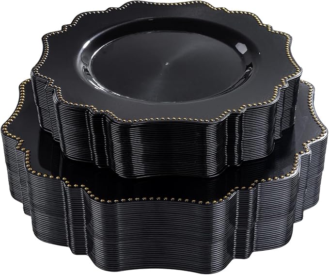 COLOSUS 60pcs Disposable Plastic Plates Set, Gold Black Party Plates, 30pcs Dinner Plates and 30pcs Salad/Dessert Plates for Wedding, Party, Anniversary, Daily Use，New Year