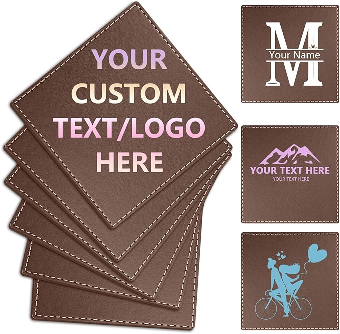 Custom Personalized Leather Coasters - Set of 6 | DIY Name, Photo, or Logo Coasters for Coffee Table, Bar, Beer, Wine | Ideal Housewarming Gift,Brown