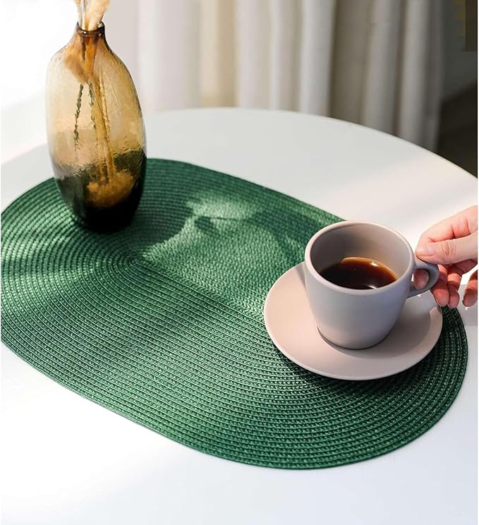 FunWheat Oval Braided Placemats Set of 4 Table Mats for Dining Tables Washable Heat Resistant Place Mats for Indoor Outdoor Use 12 x18 Inch(Oval Black Green, 4pcs)