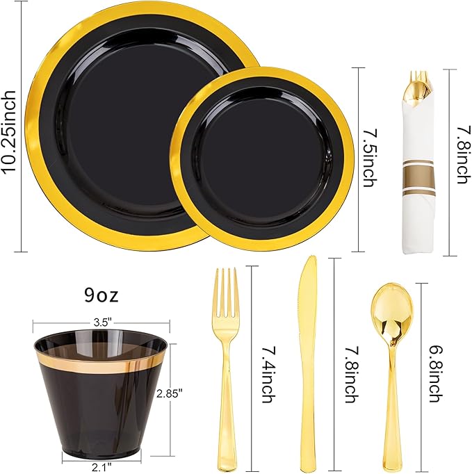 YOUBET 350PCS Black and Gold Plastic Plates - Gold Disposable Dinnerware Sets for 50 Guests - 100 Plastic Plates, 150 Gold Silverware, 50 Cups, 50 Pre Rolled Napkins for Party & Wedding