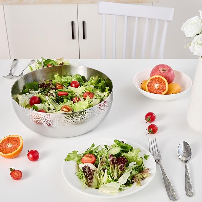 150oz Stainless Steel Hammered Salad Bowl, Large Fruit Popcorn Serving Bowl
